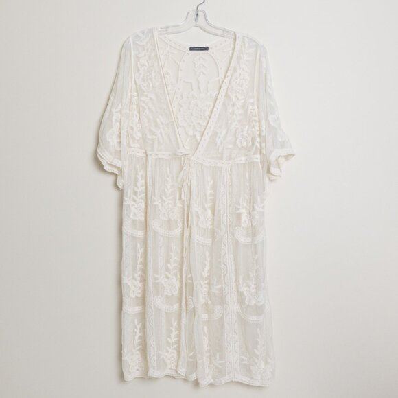 Suzy Shier White Floral Embroidered Mesh Kimono Duster Cover Up One Size - Picture 2 of 13
